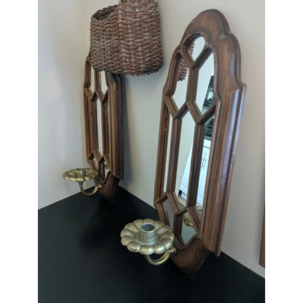 Vintage Faux Wood Metal Wall Sconce Mirrors Pair Candle Holders Gothic Decor